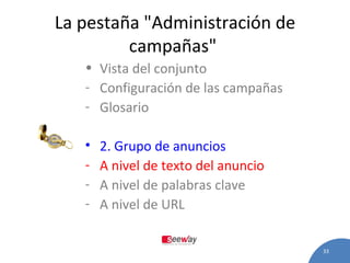 La pestaña "Administración de campañas "   Vista del conjunto   Configuración de las campañas   Glosario   2.  Grupo de anuncios   A nivel de texto del anuncio   A nivel de palabras clave   A nivel de URL   