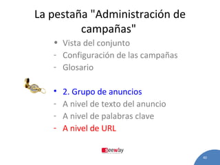 La pestaña "Administración de campañas "   Vista del conjunto   Configuración de las campañas   Glosario   2.  Grupo de anuncios   A nivel de texto del anuncio   A nivel de palabras clave   A nivel de URL   