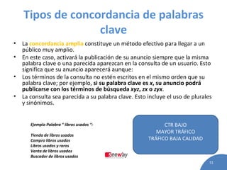 Tipos de concordancia de palabras clave La  concordancia amplia  constituye un método efectivo para llegar a un público muy amplio. En este caso, activará la publicación de su anuncio siempre que la misma palabra clave o una parecida aparezcan en la consulta de un usuario. Esto significa que su anuncio aparecerá aunque: Los términos de la consulta no estén escritos en el mismo orden que su palabra clave; por ejemplo,  si su palabra clave es  x , su anuncio podrá publicarse con los términos de búsqueda  xyz ,  zx  o  zyx . La consulta sea parecida a su palabra clave. Esto incluye el uso de plurales y sinónimos.  Ejemplo Palabra “ libros usados “: Tienda de libros usados Compro libros usados Libros usados y raros Venta de libros usados Buscador de libros usados CTR BAJO MAYOR TRÁFICO TRÁFICO BAJA CALIDAD 