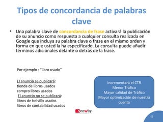 Tipos de concordancia de palabras clave Una palabra clave de  concordancia de frase  activará la publicación de su anuncio como respuesta a cualquier consulta realizada en Google que incluya su palabra clave o frase en el mismo orden y forma en que usted la ha especificado. La consulta puede añadir términos adicionales delante o detrás de la frase. Por ejemplo : “libro usado” El anuncio se publicará : tienda de libros usados compro libros usados El anuncio no se publicará : libros de bolsillo usados libros de contabilidad usados Incrementará el CTR Menor Tráfico Mayor calidad de Tráfico Mayor optimización de nuestra cuenta 