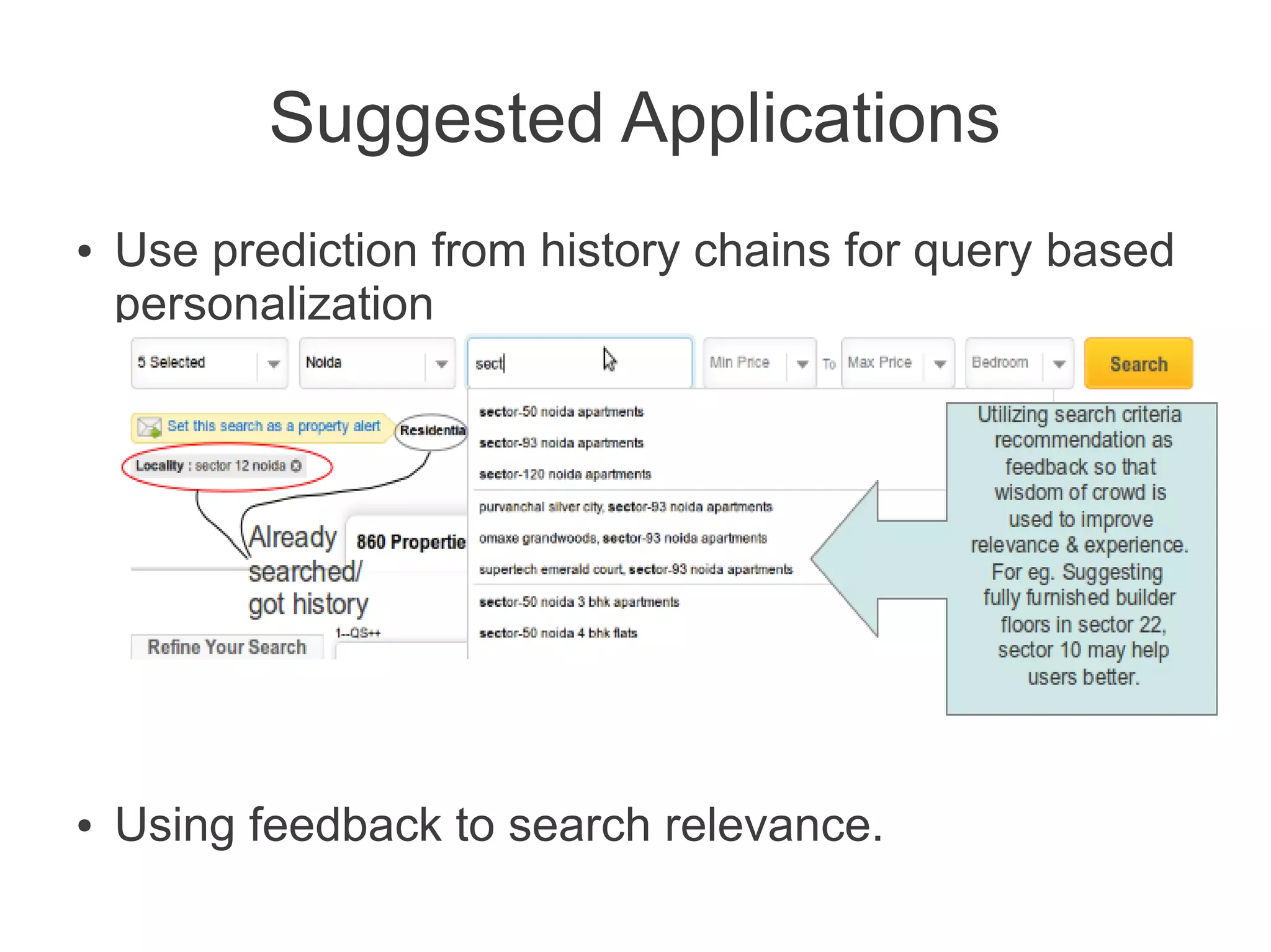 Suggested Applications
●

●

Use prediction from history chains for query based
personalization

Using feedback to search relevance.

 
