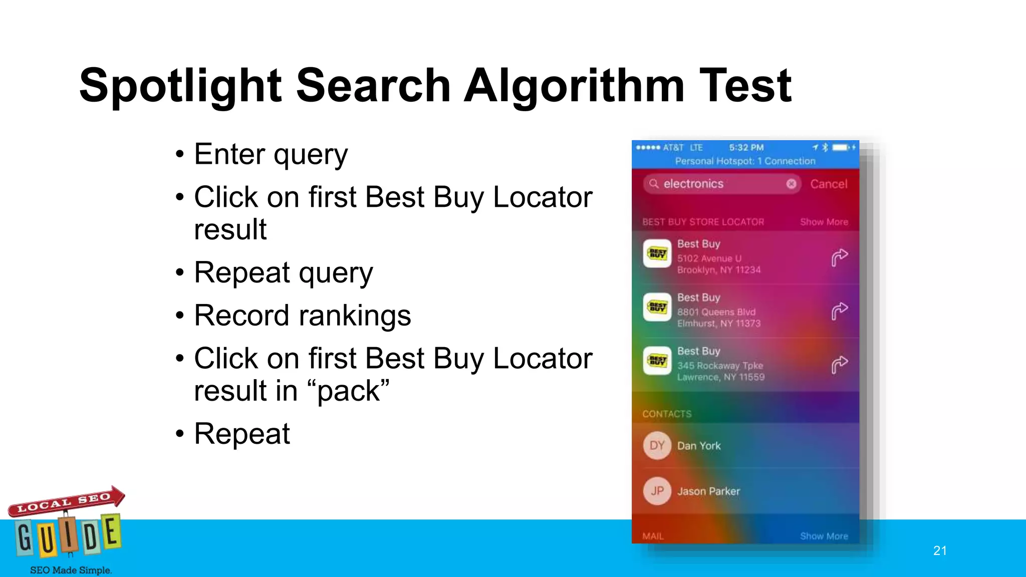 Spotlight Search Algorithm Test
• Enter query
• Click on first Best Buy Locator
result
• Repeat query
• Record rankings
• Click on first Best Buy Locator
result in “pack”
• Repeat
21
 