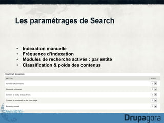 Les paramétrages de Search

• 
• 
• 
• 

Indexation manuelle
Fréquence d’indexation
Modules de recherche activés : par ent...
