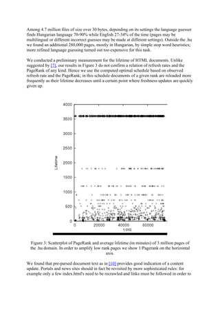 Among 4.7 million files of size over 30 bytes, depending on its settings the language guesser
finds Hungarian language 70-90% while English 27-34% of the time (pages may be
multilingual or different incorrect guesses may be made at different settings). Outside the .hu
we found an additional 280,000 pages, mostly in Hungarian, by simple stop word heuristics;
more refined language guessing turned out too expensive for this task.

We conducted a preliminary measurement for the lifetime of HTML documents. Unlike
suggested by [7], our results in Figure 3 do not confirm a relation of refresh rates and the
PageRank of any kind. Hence we use the computed optimal schedule based on observed
refresh rate and the PageRank; in this schedule documents of a given rank are reloaded more
frequently as their lifetime decreases until a certain point where freshness updates are quickly
given up.




  Figure 3: Scatterplot of PageRank and average lifetime (in minutes) of 3 million pages of
  the .hu domain. In order to amplify low rank pages we show 1/Pagerank on the horizontal
                                            axis.

We found that pre-parsed document text as in [10] provides good indication of a content
update. Portals and news sites should in fact be revisited by more sophisticated rules: for
example only a few index.html's need to be recrawled and links must be followed in order to
 
