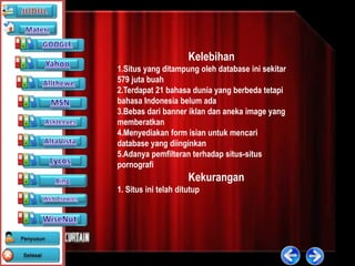 Kelebihan
1.Situs yang ditampung oleh database ini sekitar
579 juta buah
2.Terdapat 21 bahasa dunia yang berbeda tetapi
bahasa Indonesia belum ada
3.Bebas dari banner iklan dan aneka image yang
memberatkan
4.Menyediakan form isian untuk mencari
database yang diinginkan
5.Adanya pemfilteran terhadap situs-situs
pornografi
                      Kekurangan
1. Situs ini telah ditutup
 