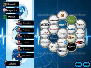 Beranda

Pengertian

 Macam

             Google


              Yahoo

              Bing

               MSN


             Lycos

             AskJeeves



  Selesai
 