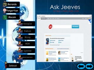 Beranda

Pengertian
                               Ask Jeeves
                                http://www.ask.com

 Macam
                         Situs mesin pencari yang satu
             Google
                                ini mengunggulkan
              Yahoo
                               kemampuannya untuk
                           memahami bahasa manusia.
              Bing         Pengguna bisa menggunakan
               MSN         kalimat lengkap, bukan kata
                          kunci. Situs ini berguna untuk
             Lycos          mengetahui jawaban dari
             AskJeeves
                           pertanyaan(misal: when did
                                world war II end?)
  Selesai
 