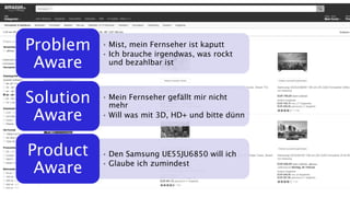 • Mist, mein Fernseher ist kaputt
• Ich brauche irgendwas, was rockt
und bezahlbar ist
Problem
Aware
• Mein Fernseher gefällt mir nicht
mehr
• Will was mit 3D, HD+ und bitte dünn
Solution
Aware
• Den Samsung UE55JU6850 will ich
• Glaube ich zumindest
Product
Aware
 