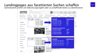 Landingpages aus facettierten Suchen schaffen
Suchvolumen prüfen um Indexierungsregeln oder zu schaffende Seiten zu identifizieren
Keyword Suchvolumen
Fernseher 32 Zoll 4.400
Fernseher 30 Zoll 880
Fernseher 37 Zoll 480
Fernseher 39 Zoll 480
Alternative Schreibweisen
32 Zoll Fernseher 5.400
30 Zoll Fernseher 590
37 Zoll Fernseher 1.900
39 Zoll Fernseher 720
Keyword Suchvolumen
Fernseher bis 500 Euro 110
Fernseher bis 300 Euro 140
Fernseher bis 400 Euro 110
Fernseher bis 500 Euro 70
 