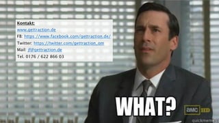 GWT: TITEL UND DESCRIPTION OPTIMIEREN
DIE GOOGLE WEBMASTERTOOLS LIEFERN DIE DATEN UM TITEL, DESCRIPTION UND DAS INTERNE LINKBUILDING
DEN AUFKOMMENDEN SUCHANFRAGEN ZU TRENDTHEMEN ZU OPTIMIEREN.
Kontakt:
www.gettraction.de
FB: https://www.facebook.com/gettraction.de/
Twitter: https://twitter.com/gettraction_om
Mail: jf@gettraction.de
Tel. 0176 / 622 866 03
 