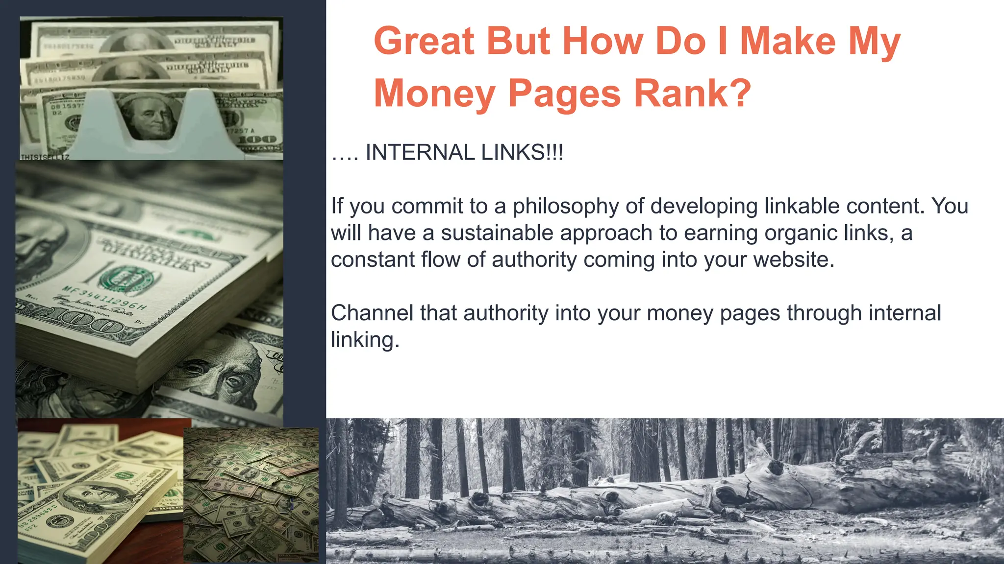 Great But How Do I Make My
Money Pages Rank?
…. INTERNAL LINKS!!!
If you commit to a philosophy of developing linkable content. You
will have a sustainable approach to earning organic links, a
constant flow of authority coming into your website.
Channel that authority into your money pages through internal
linking.
 