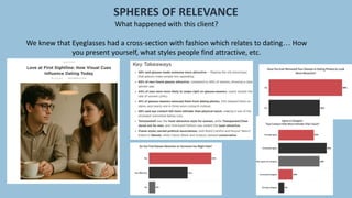 SPHERES OF RELEVANCE
What happened with this client?
We knew that Eyeglasses had a cross-section with fashion which relates to dating… How
you present yourself, what styles people find attractive, etc.
 