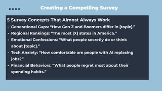 Creating a Compelling Survey
5 Survey Concepts That Almost Always Work
- Generational Gaps: “How Gen Z and Boomers differ in [topic].”
- Regional Rankings: “The most [X] states in America.”
- Emotional Confessions: “What people secretly do or think
about [topic].”
- Tech Anxiety: “How comfortable are people with AI replacing
jobs?”
- Financial Behaviors: “What people regret most about their
spending habits.”
 