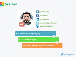 Ex Cofounder Dikeyçizgi
Ex SEM Manager
iProspect Web Analytics Director
/in/sahinsecil
/sahin.secil
@Sahin_Secil
www.sahinsecil.com
sahinsecil@yandex.com
ŞahinSeçil
@Sahin_Secil
 