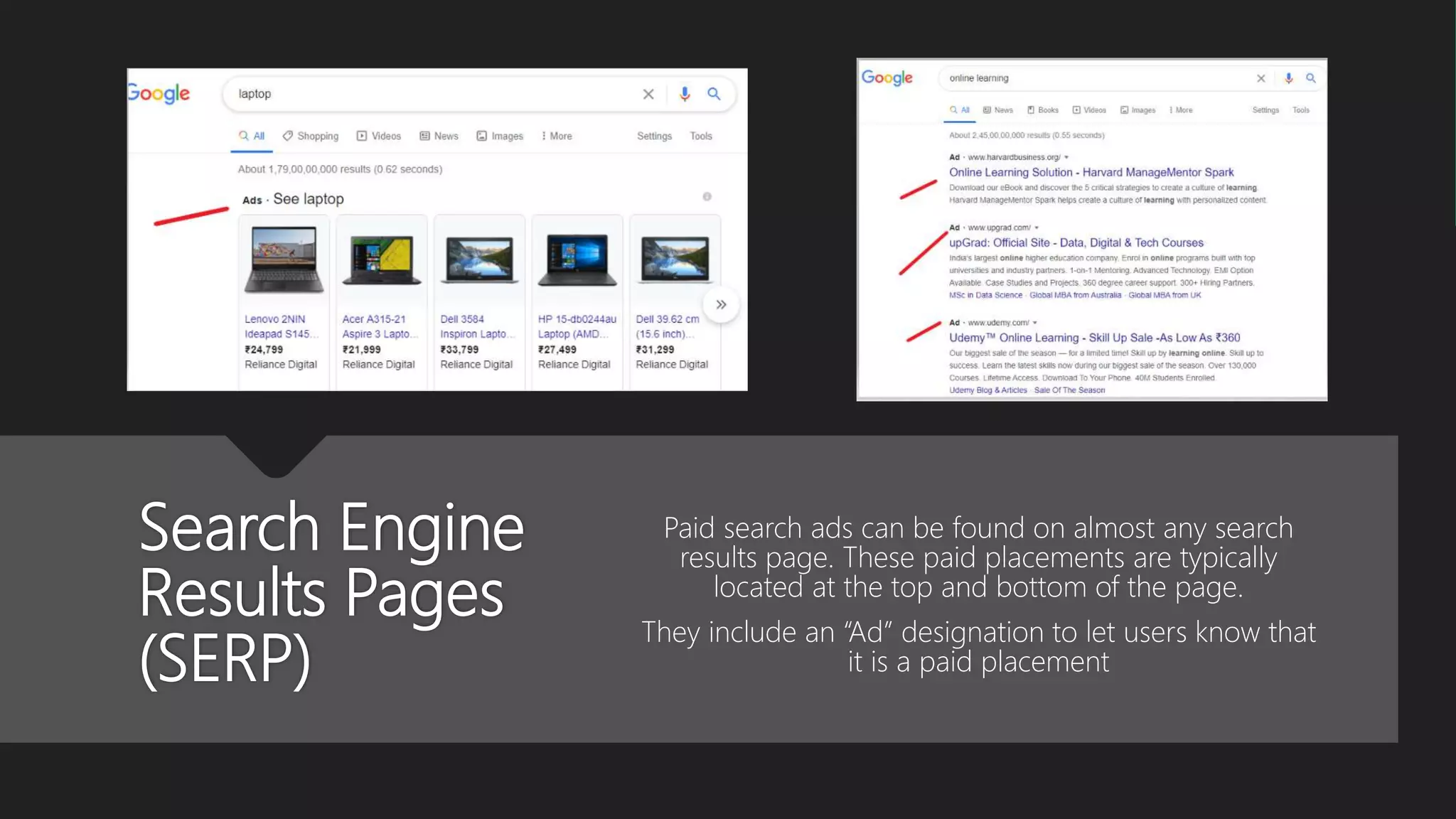 Search Engine
Results Pages
(SERP)
Paid search ads can be found on almost any search
results page. These paid placements are typically
located at the top and bottom of the page.
They include an “Ad” designation to let users know that
it is a paid placement
 