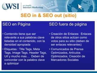 SEO in & SEO out (sitio)
SEO en Página                        SEO fuera de página

• Contenido tiene que ser            • Creación de Enlaces: Enlaces
  relevante a sus palabras clave       de otros sitios actúan como
  listadas en el contenido, con la     votos para su sitio (deben de
  densidad apropiada                   ser enlaces relevantes)
• Etiquetas : Title Tags, Meta   • Comunicados de Prensa
  Tags, Image Tags, Header Tags, Optimizados, Artículos
  Url y mucho mas… Deben de        Optimizados, Creación de
  concordar con la palabra clave   Marcadores Sociales
  a optimizar
 
