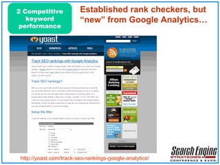 Established rank checkers, but “new” from Google Analytics… http://yoast.com/track-seo-rankings-google-analytics/   2 Competitive keyword performance 
