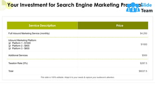 Your Investment for Search Engine Marketing Proposal
15
This slide is 100% editable. Adapt it to your needs & capture your audience's attention.
Service Description Price
Full Inbound Marketing Service (monthly) $4,250
Inbound Marketing Platform
❑ Platform 1 - $1000
❑ Platform 2 - $800
❑ Platform 3 - $600
$1000
Additional Services $500
Taxation Rate (5%) $287.5
Total $6037.5
 