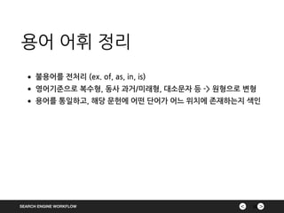 ><SEARCH ENGINE WORKFLOW
용어 어휘 정리
22
•불용어를 전처리 (ex. of, as, in, is)
•영어기준으로 복수형, 동사 과거/미래형, 대소문자 등 -> 원형으로 변형
•용어를 통일하고, 해당 문헌에 어떤 단어가 어느 위치에 존재하는지 색인
 