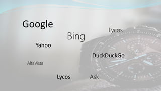 Google
Bing
Ask
Yahoo
DuckDuckGo
AltaVista
Lycos
Lycos
 