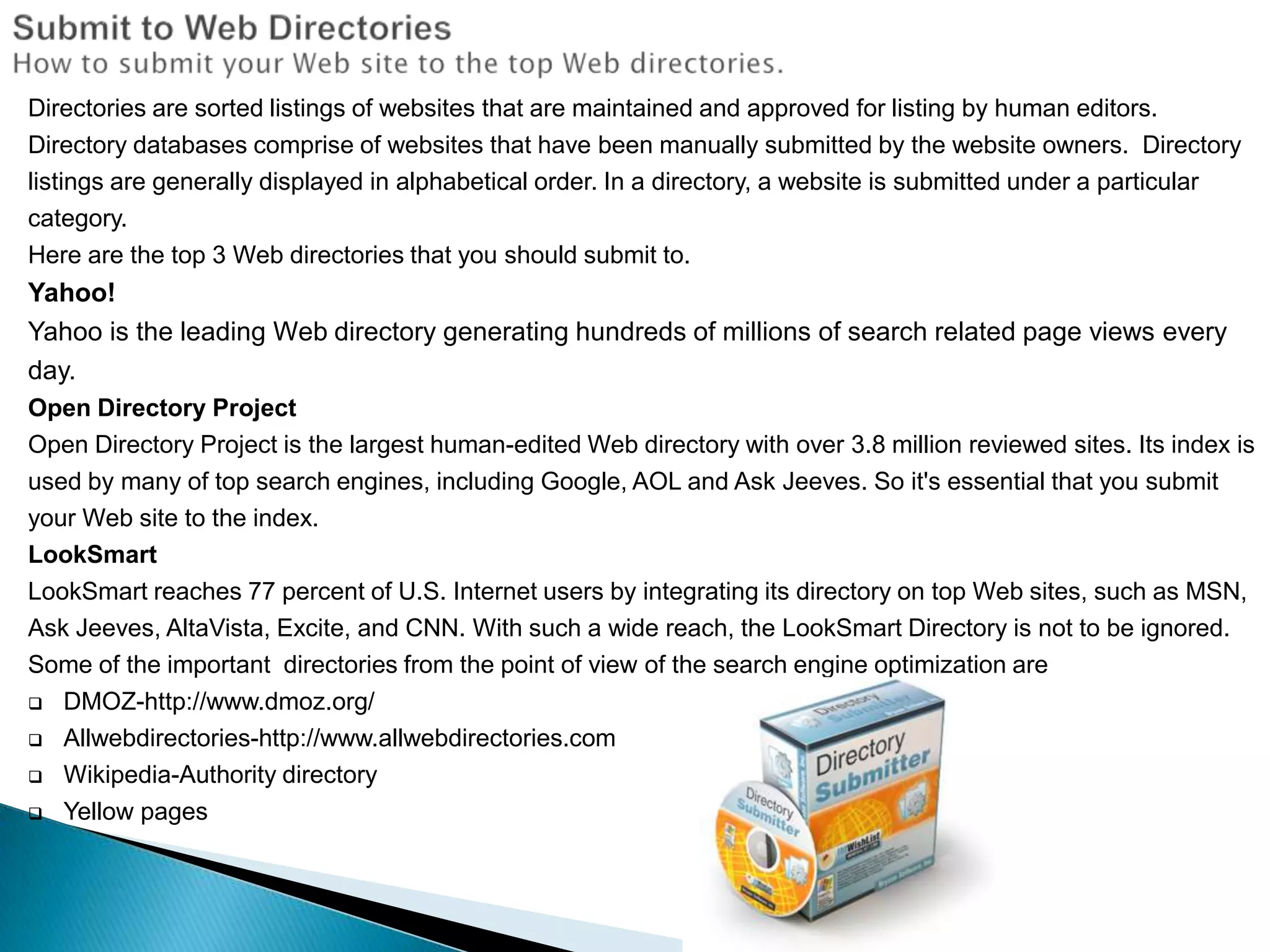 Submitting or placing links to other sites using the selected keywords.