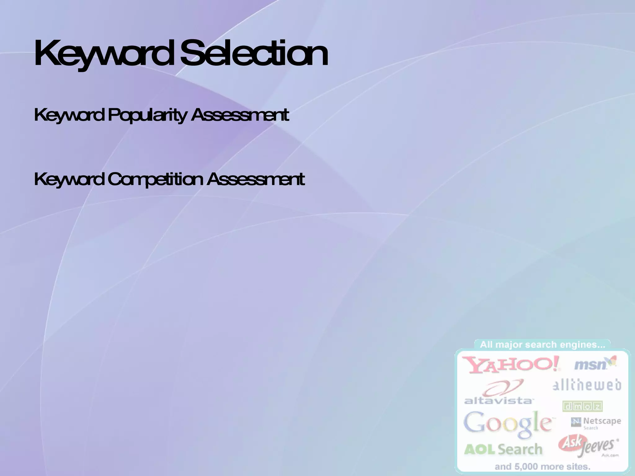 Keyword Selection  Keyword Popularity Assessment Keyword Competition Assessment 