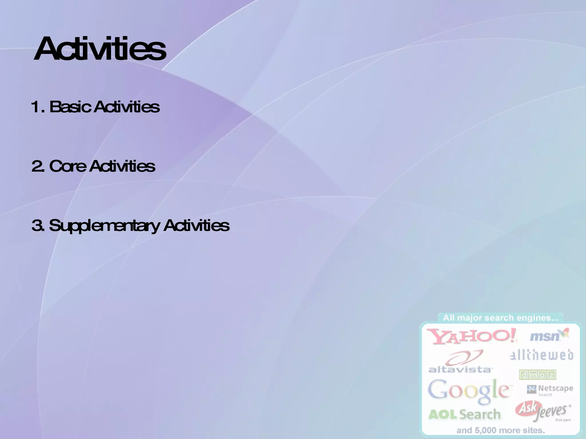 Activities 1. Basic Activities 2. Core Activities 3. Supplementary Activities 