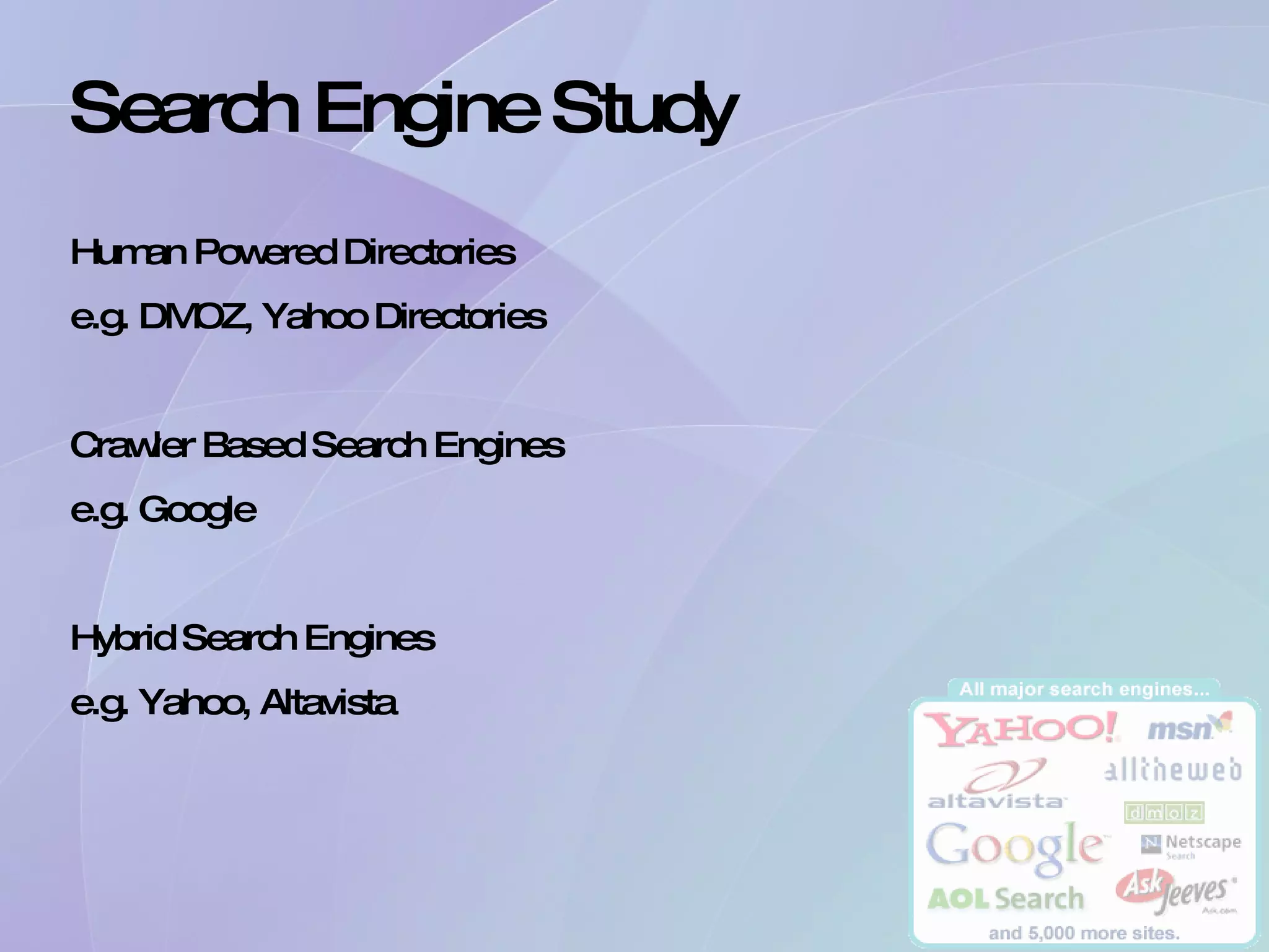 Human Powered Directories e.g. DMOZ, Yahoo Directories Crawler Based Search Engines e.g. Google Hybrid Search Engines e.g. Yahoo, Altavista Search Engine Study 
