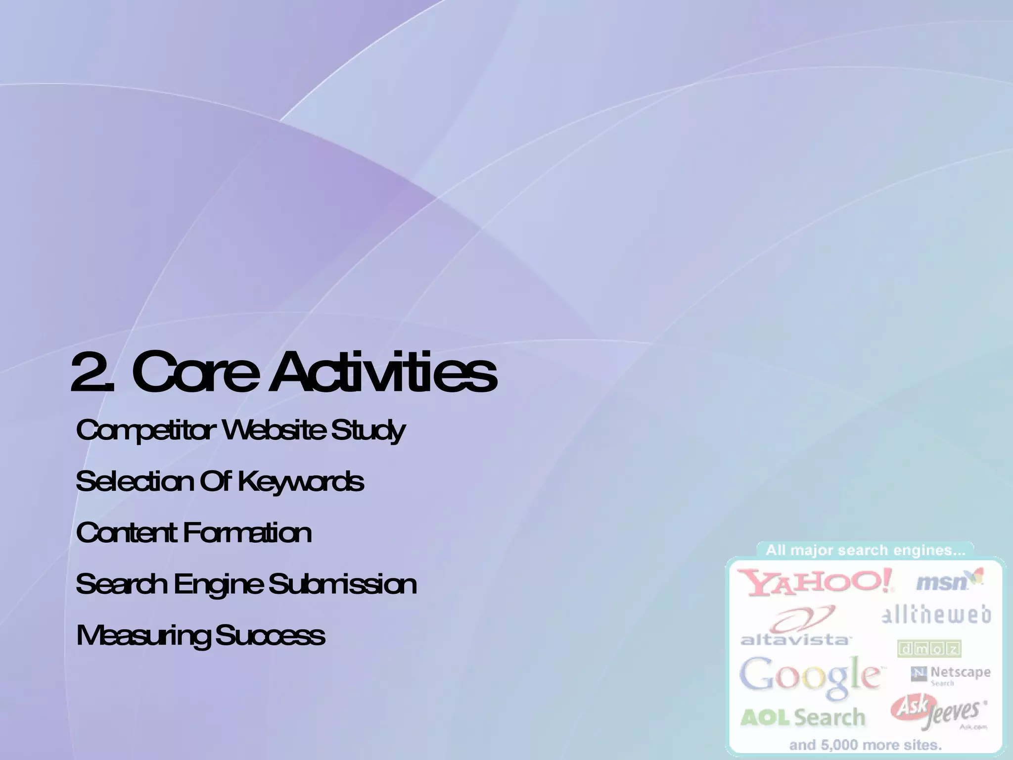2. Core Activities Competitor Website Study Selection Of Keywords Content Formation Search Engine Submission Measuring Success 