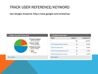 TRACK USER REFERENCE/KEYWORD
Use Google Analytics http://www.google.com/analytics/
 