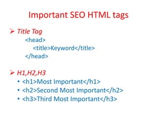 Important SEO HTML tags
 Title Tag
<head>
<title>Keyword</title>
</head>
 H1,H2,H3
• <h1>Most Important</h1>
• <h2>Second Most Important</h2>
• <h3>Third Most Important</h3>
 