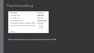 Text Formatting
Above mentioned tags can be used to format the text in HTML.
 