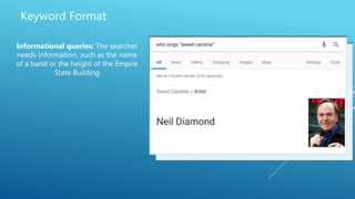 Keyword Format
Informational queries: The searcher
needs information, such as the name
of a band or the height of the Empire
State Building
 