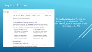 Keyword Format
Navigational queries: The searcher
wants to go to a particular place on
the Internet, such as Facebook or the
homepage of the NFL
 