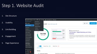 Step 1. Website Audit
1. Site Structure
2. Usability
3. Link Building
4. Engagement
5. Page Experience
 