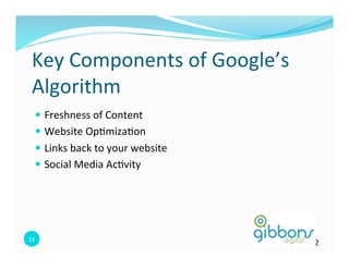 Key 
Components 
of 
Google’s 
Algorithm 
— Freshness 
of 
Content 
— Website 
Op0miza0on 
— Links 
back 
to 
your 
website 
— Social 
Media 
Ac0vity 
12 
12 
 
