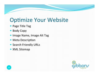 Op0mize 
Your 
Website 
— Page 
Title 
Tag 
— Body 
Copy 
— Image 
Name, 
Image 
Alt 
Tag 
— Meta 
Descrip0on 
— Search 
Friendly 
URLs 
— XML 
Sitemap 
33 
 