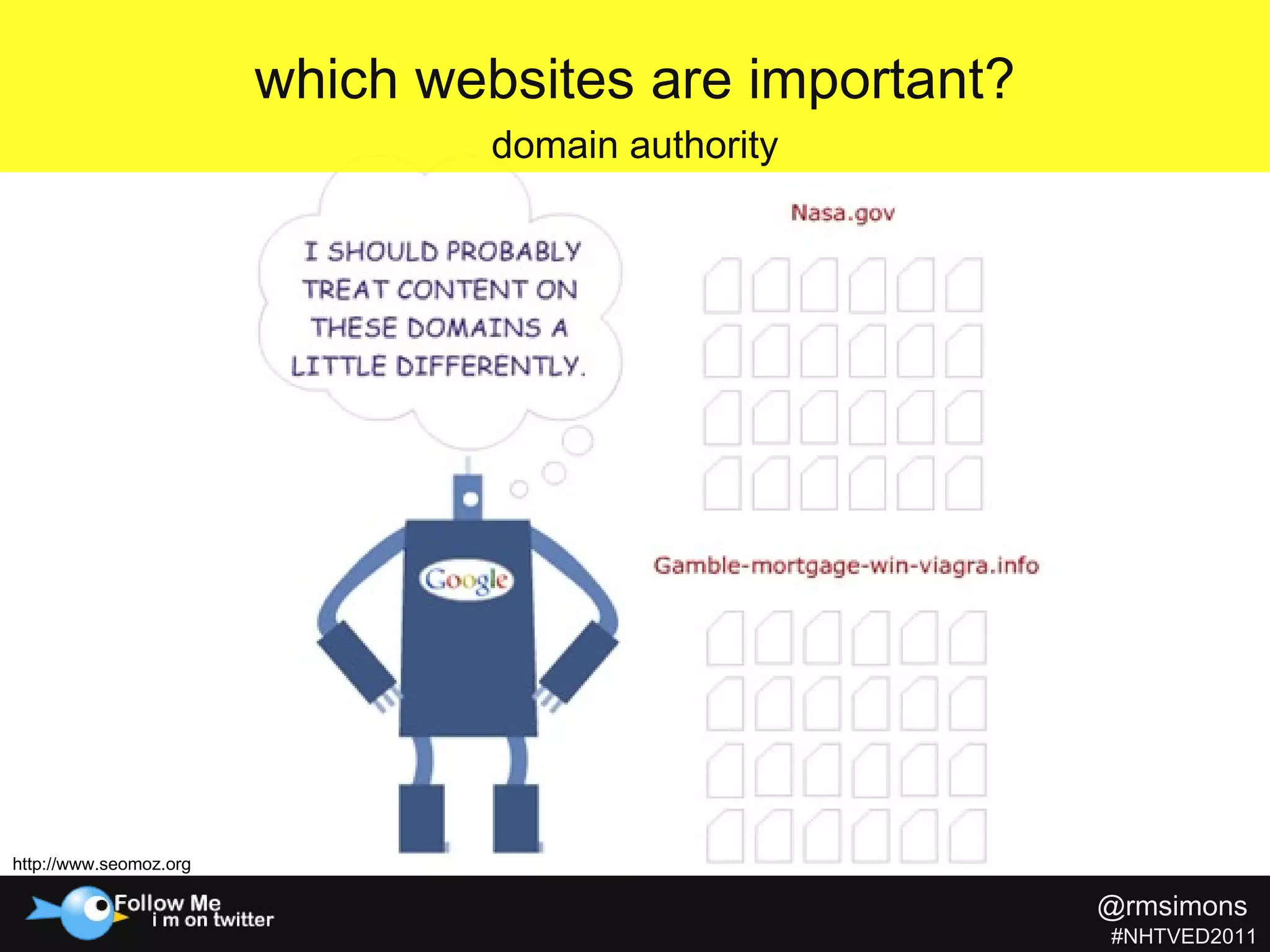 which websites are important? domain authority http://www.seomoz.org @rmsimons   #NHTVED2011 