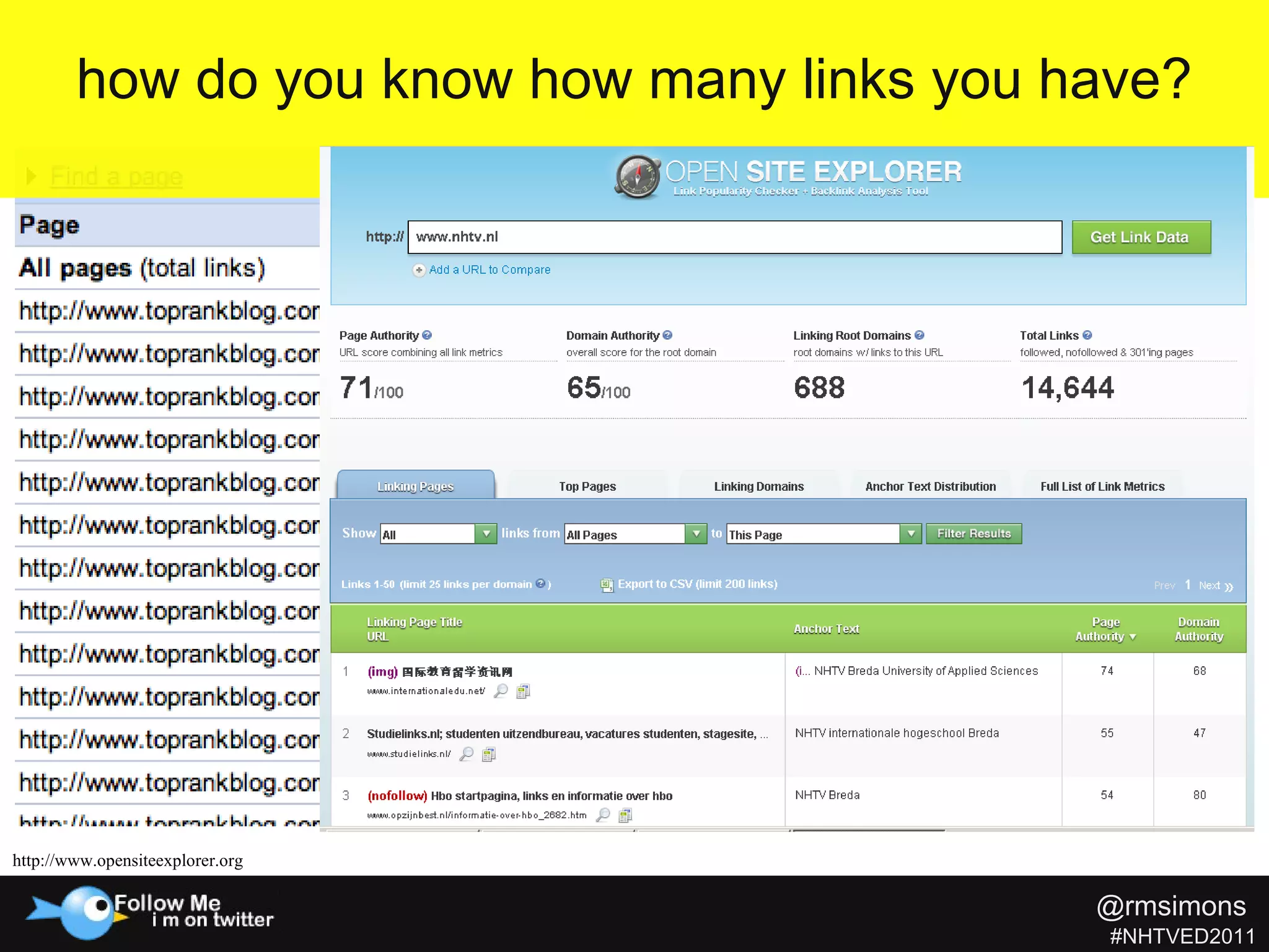 how do you know how many links you have? http://www.opensiteexplorer.org @rmsimons   #NHTVED2011 