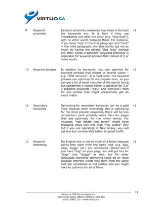 9    Keyword             Keyword proximity measures how close in the text        +1
     proximity           the keywords are. It is best if they are
                         immediately one after the other (e.g. “dog food”),
                         with no other words between them. For instance,
                         if you have “dog” in the first paragraph and “food”
                         in the third paragraph, this also counts but not as
                         much as having the phrase “dog food” without
                         any other words in between. Keyword proximity is
                         applicable for keyword phrases that consist of 2 or
                         more words.


10   Keyword phrases     In addition to keywords, you can optimize for           +1
                         keyword phrases that consist of several words –
                         e.g. “SEO services”. It is best when the keyword
                         phrases you optimize for are popular ones, so you
                         can get a lot of exact matches of the search string
                         but sometimes it makes sense to optimize for 2 or
                         3 separate keywords (“SEO” and “services”) than
                         for one phrase that might occasionally get an
                         exact match.


11   Secondary           Optimizing for secondary keywords can be a gold         +1
     keywords            mine because when everybody else is optimizing
                         for the most popular keywords, there will be less
                         competition (and probably more hits) for pages
                         that are optimized for the minor words. For
                         instance, “real estate new jersey” might have
                         thousand times less hits than “real estate” only
                         but if you are operating in New Jersey, you will
                         get less but considerably better targeted traffic.


12   Keyword             For English this is not so much of a factor because     +1
     stemming            words that stem from the same root (e.g. dog,
                         dogs, doggy, etc.) are considered related and if
                         you have “dog” on your page, you will get hits for
                         “dogs” and “doggy” as well, but for other
                         languages keywords stemming could be an issue
                         because different words that stem from the same
                         root are considered as not related and you might
                         need to optimize for all of them.




______________________________________________________________________________    11
                          Virtuo.ca CMS Technologies Inc.
                       2662 Innes Road, Ottawa, Ontario, K1B 4Z5
                            (613) 590-1111 – www.virtuo.ca
 