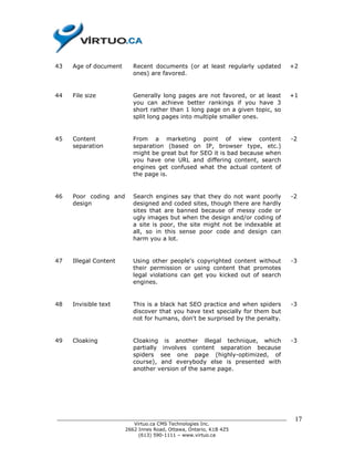 43   Age of document     Recent documents (or at least regularly updated         +2
                         ones) are favored.


44   File size           Generally long pages are not favored, or at least       +1
                         you can achieve better rankings if you have 3
                         short rather than 1 long page on a given topic, so
                         split long pages into multiple smaller ones.


45   Content             From a marketing point of view content                  -2
     separation          separation (based on IP, browser type, etc.)
                         might be great but for SEO it is bad because when
                         you have one URL and differing content, search
                         engines get confused what the actual content of
                         the page is.


46   Poor coding and     Search engines say that they do not want poorly         -2
     design              designed and coded sites, though there are hardly
                         sites that are banned because of messy code or
                         ugly images but when the design and/or coding of
                         a site is poor, the site might not be indexable at
                         all, so in this sense poor code and design can
                         harm you a lot.


47   Illegal Content     Using other people's copyrighted content without        -3
                         their permission or using content that promotes
                         legal violations can get you kicked out of search
                         engines.


48   Invisible text      This is a black hat SEO practice and when spiders       -3
                         discover that you have text specially for them but
                         not for humans, don't be surprised by the penalty.


49   Cloaking            Cloaking is another illegal technique, which            -3
                         partially involves content separation because
                         spiders see one page (highly-optimized, of
                         course), and everybody else is presented with
                         another version of the same page.




______________________________________________________________________________    17
                          Virtuo.ca CMS Technologies Inc.
                       2662 Innes Road, Ottawa, Ontario, K1B 4Z5
                            (613) 590-1111 – www.virtuo.ca
 