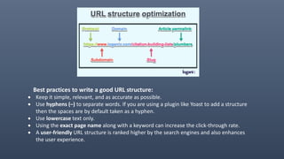 Best practices to write a good URL structure:
 Keep it simple, relevant, and as accurate as possible.
 Use hyphens (–) to separate words. If you are using a plugin like Yoast to add a structure
then the spaces are by default taken as a hyphen.
 Use lowercase text only.
 Using the exact page name along with a keyword can increase the click-through rate.
 A user-friendly URL structure is ranked higher by the search engines and also enhances
the user experience.
 