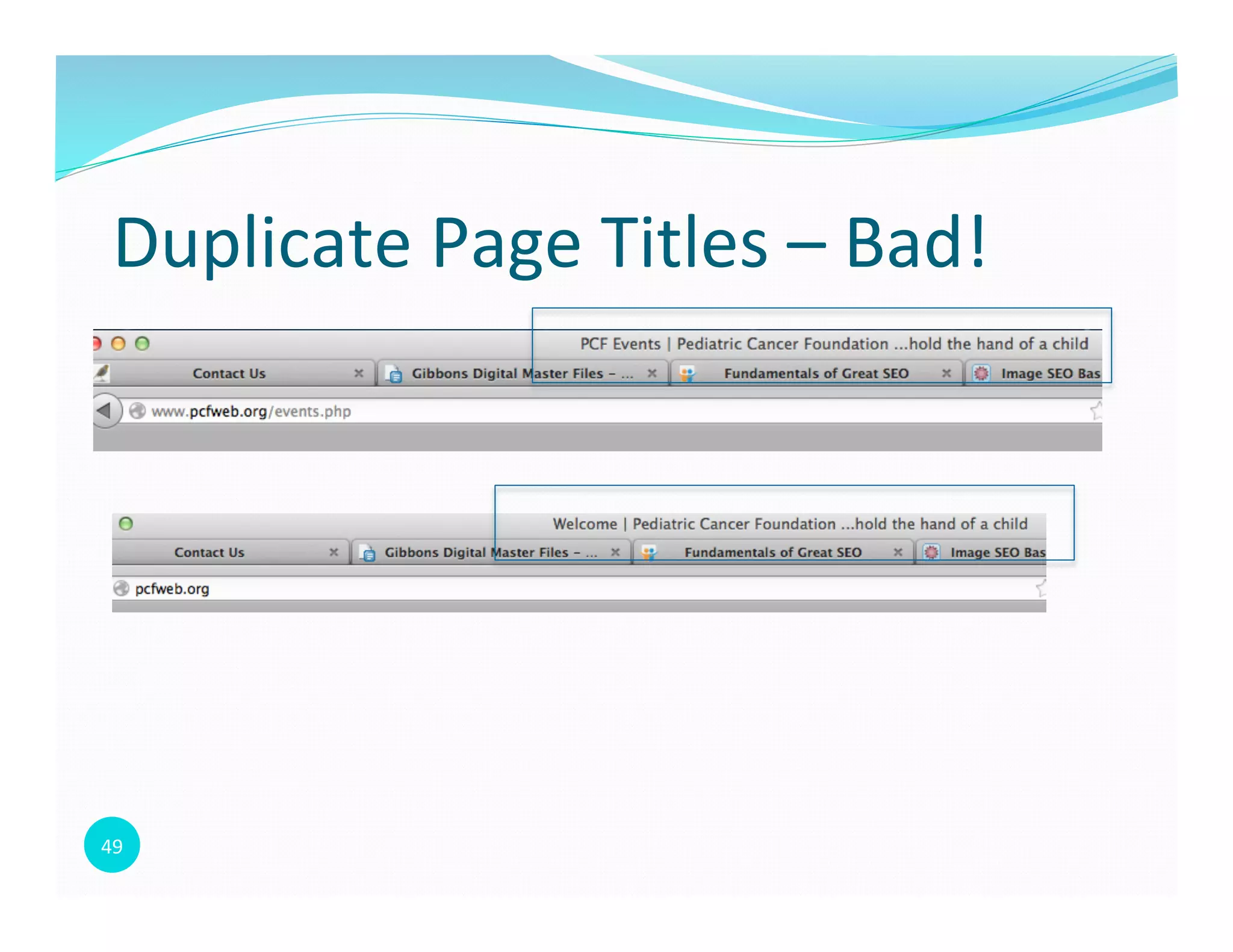 49	
  
Duplicate	
  Page	
  Titles	
  –	
  Bad!	
  
 