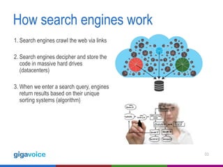 How search engines work
1. Search engines crawl the web via links

2. Search engines decipher and store the
code in massive hard drives
(datacenters)
3. When we enter a search query, engines
return results based on their unique
sorting systems (algorithm)

03

 