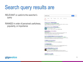 Search query results are
RELEVANT or useful to the searcher’s
query
RANKED in order of perceived usefulness,
popularity, or importance

05

 
