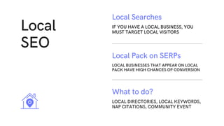 Local
SEO
LOCAL BUSINESSES THAT APPEAR ON LOCAL
PACK HAVE HIGH CHANCES OF CONVERSION
Local Pack on SERPs
LOCAL DIRECTORIES, LOCAL KEYWORDS,
NAP CITATIONS, COMMUNITY EVENT
What to do?
IF YOU HAVE A LOCAL BUSINESS, YOU
MUST TARGET LOCAL VISITORS
Local Searches
 