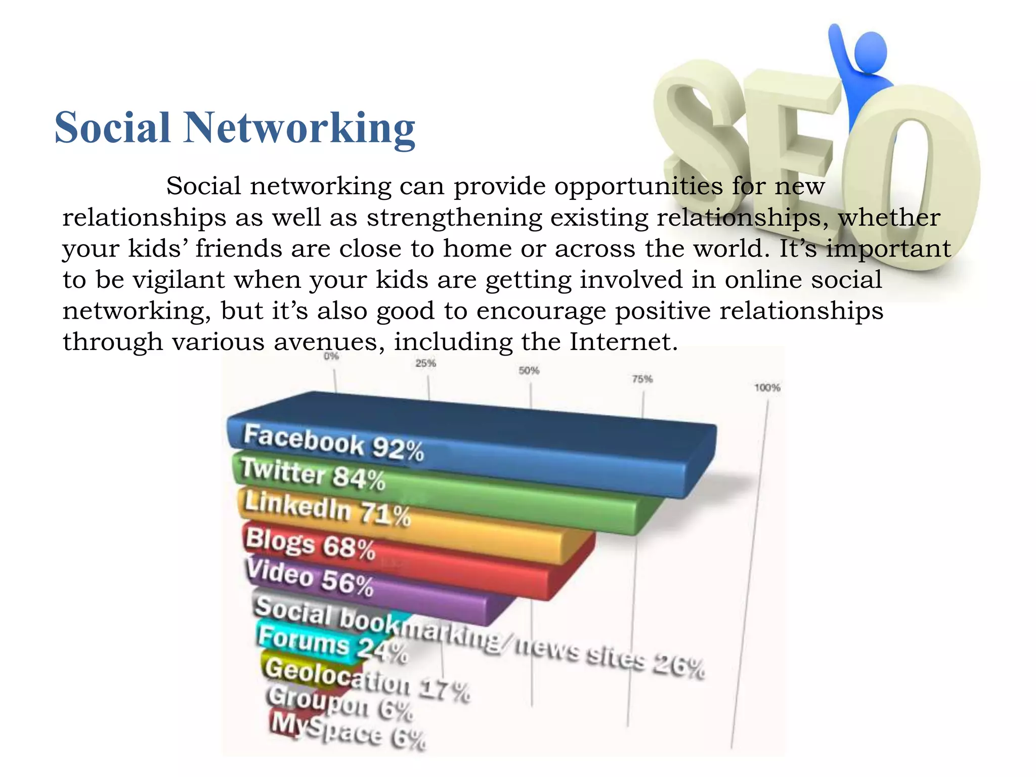 Social Networking 
Social networking can provide opportunities for new 
relationships as well as strengthening existing relationships, whether 
your kids’ friends are close to home or across the world. It’s important 
to be vigilant when your kids are getting involved in online social 
networking, but it’s also good to encourage positive relationships 
through various avenues, including the Internet. 
 
