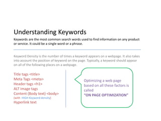 Understanding Keywords
Keywords are the most common search words used to find information on any product
or service. It could be a single word or a phrase.


Keyword Density is the number of times a keyword appears on a webpage. It also takes
into account the position of keyword on the page. Typically, a keyword should appear
on all of the following places on a webpage.

Title tags <title>
Meta Tags <meta>                              Optimizing a web page
Header tags <h1>                              based on all these factors is
ALT image tags                                called
Content (Body text) <body>                    “ON PAGE OPTIMIZATION”
(with HIGH Keyword density)
Hyperlink text
 