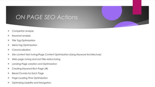 ON PAGE SEO Actions
 Competitor analysis
 Keyword analysis
 Title Tag Optimization
 Meta Tag Optimization
 Canonicalization
 Site content text tuning/Page Content Optimization (Using Keyword Architecture)
 Web page tuning and root files restructuring
 Landing Page creation and Optimization
 Creating Keyword Rich Page URL
 Bread Crumbs for Each Page
 Page Loading Time Optimization
 Optimizing Usability and Navigation.
 