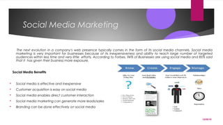 12/05/15
Social Media Marketing
The next evolution in a company’s web presence typically comes in the form of its social media channels. Social media
marketing is very important for businesses because of its inexpensiveness and ability to reach large number of targeted
audiences within less time and very little efforts. According to Forbes, 94% of Businesses are using social media and 85% said
that it has given their business more exposure.
Social Media Benefits
 Social media is effective and inexpensive
 Customer acquisition is easy on social media
 Social media enables direct customer interaction
 Social media marketing can generate more leads/sales
 Branding can be done effectively on social media
 